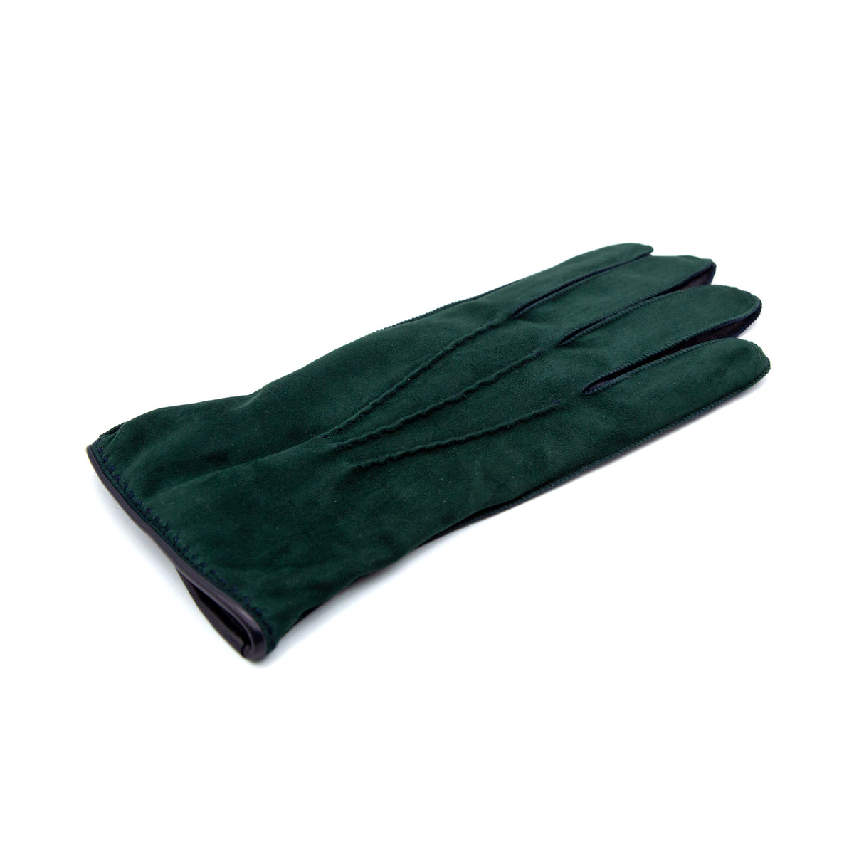 Men's tone on tone dark green and navy blue nappa suede gloves, elegantly lined with cashmere for warmth and comfort.