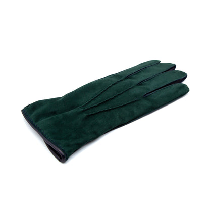 Men's tone on tone dark green and navy blue nappa suede gloves, elegantly lined with cashmere for warmth and comfort.