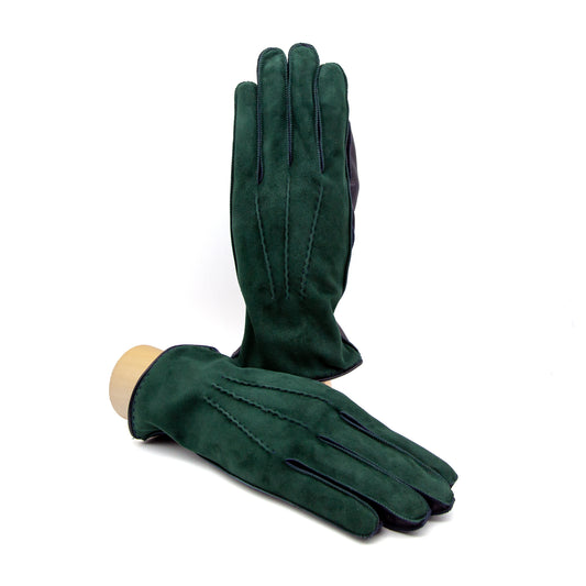 Men's dark green nappa suede gloves with cashmere lining, showcasing elegant stitching and refined Italian craftsmanship.