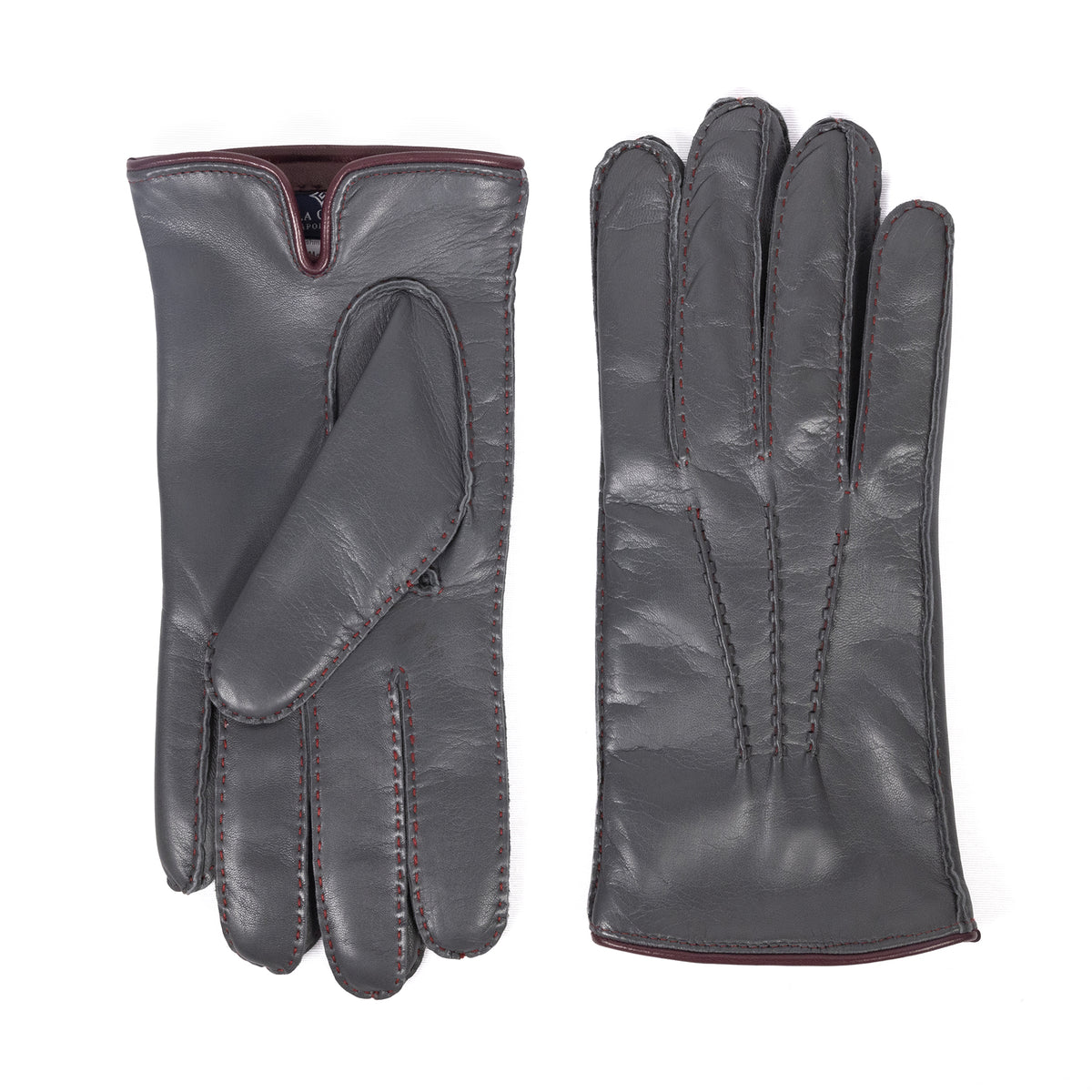 Men's hand-stitched gray nappa leather gloves featuring a rich cashmere lining and contrasting burgundy stitching.