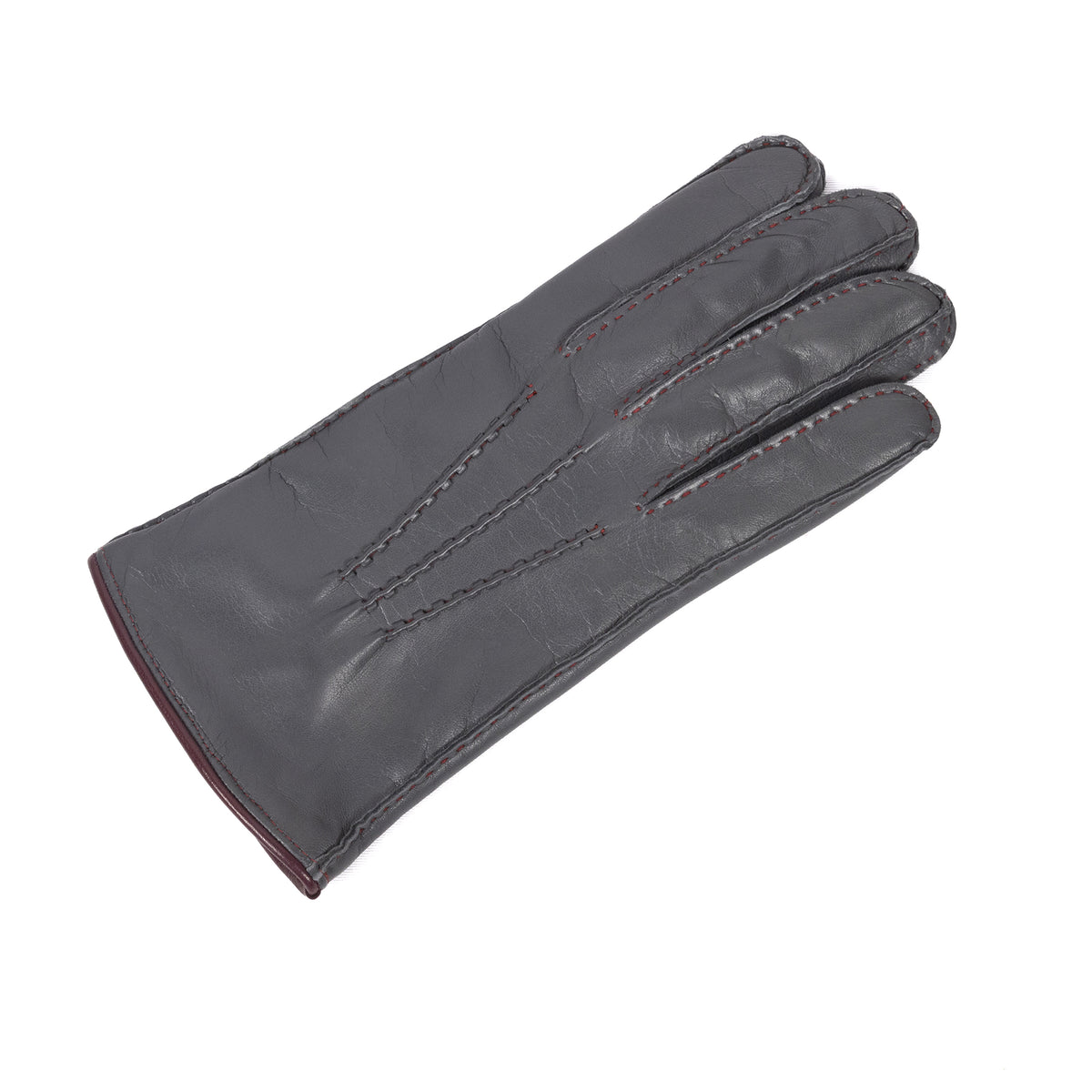 Men's dark grey nappa leather glove featuring hand-stitched detailing and a luxurious cashmere lining for added warmth.