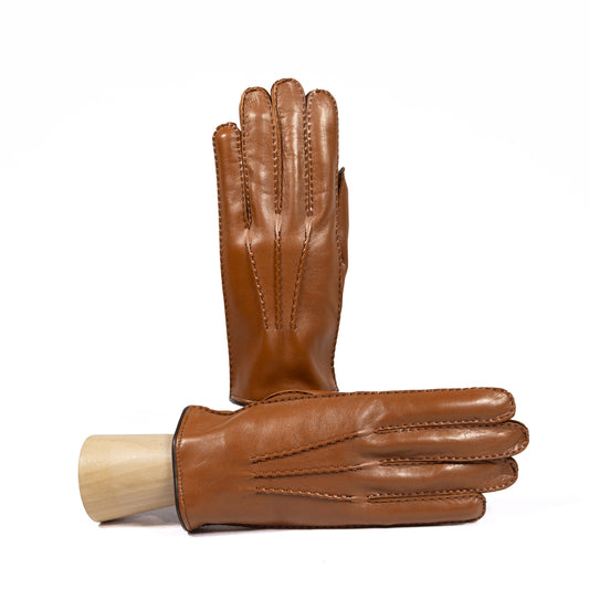 Men's fully hand-stitched nappa leather gloves in rich cognac, featuring a soft cashmere lining for added luxury and warmth.