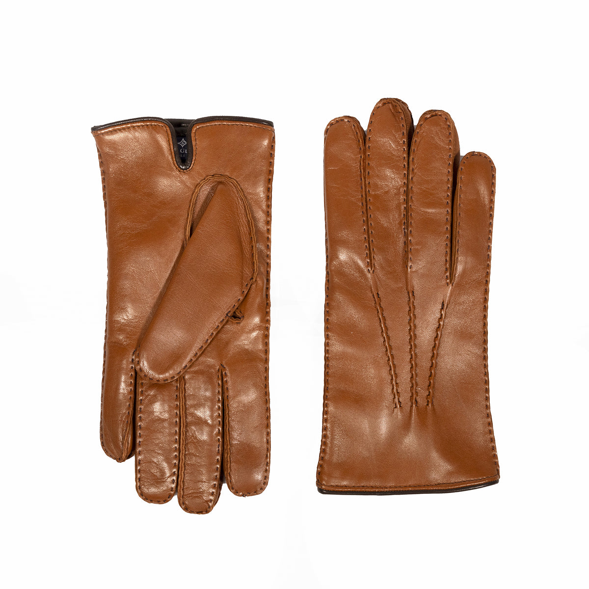 Men's hand-stitched nappa leather gloves in rich cognac with a soft cashmere lining, showcasing Italian craftsmanship and elegance.