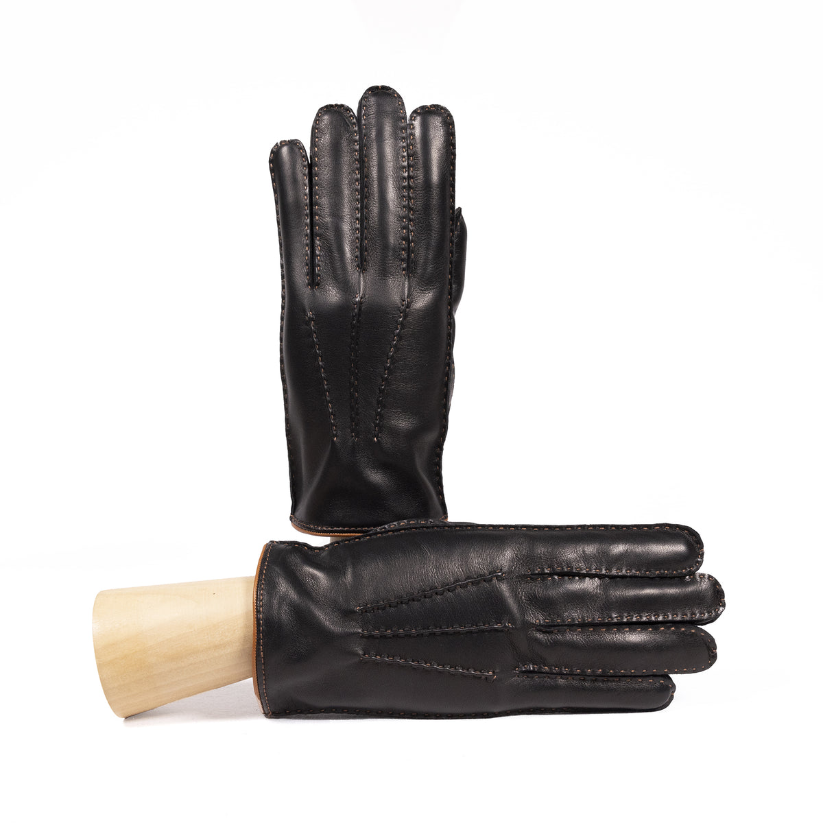 Men's black nappa leather gloves featuring hand-stitched details and a soft cashmere lining for added warmth and luxury.