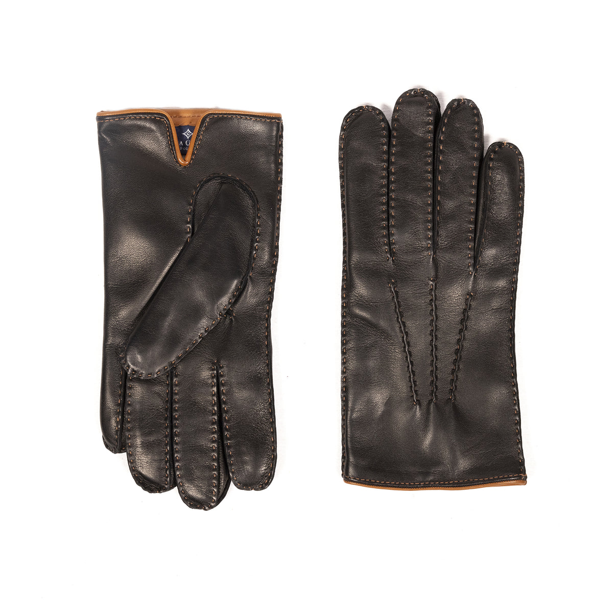 Men's black nappa leather gloves featuring hand-stitched details and a luxurious cashmere lining for ultimate comfort.