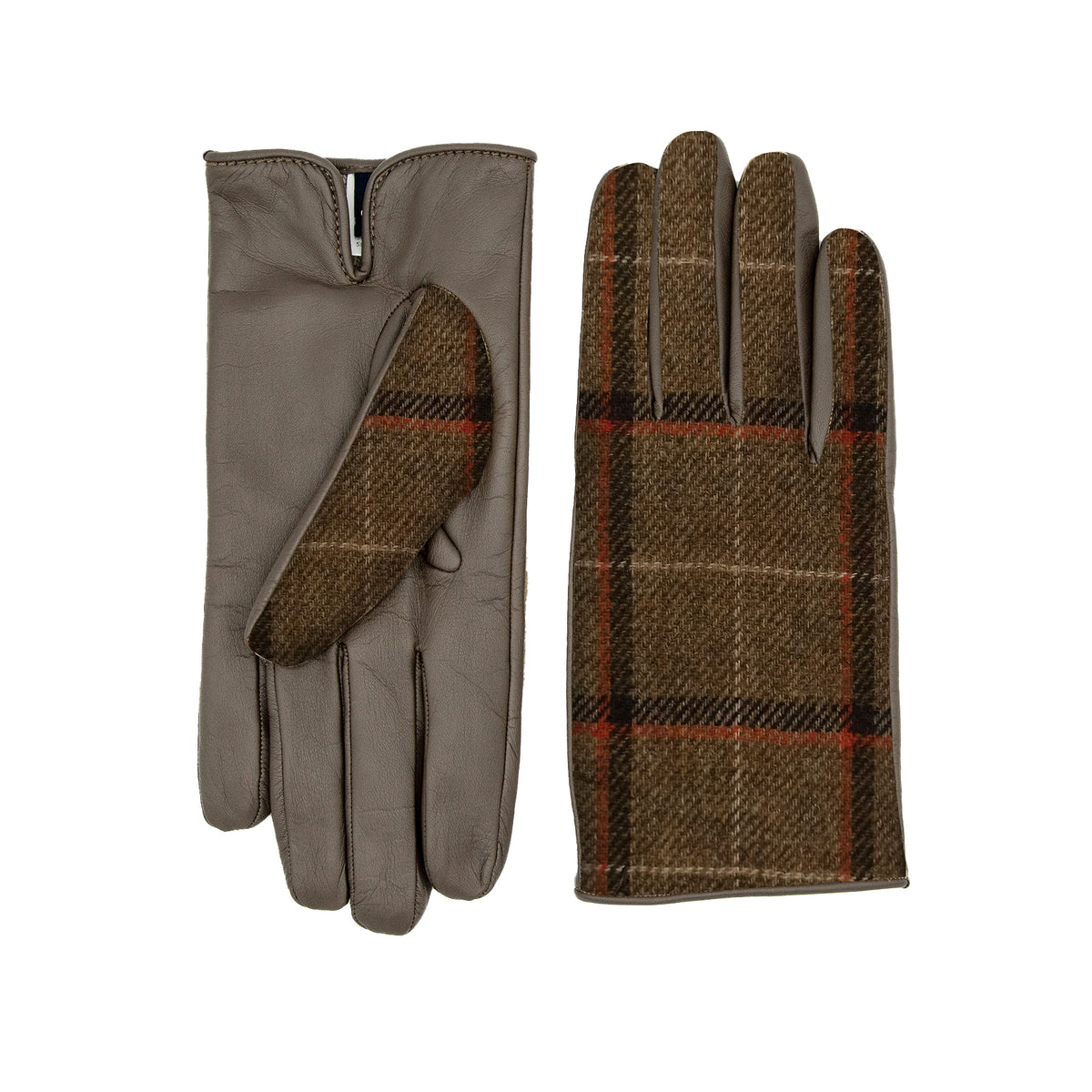 Mens leather gloves featuring a soft grey leather exterior and a Holland & Sherry wool top with a classic plaid pattern.