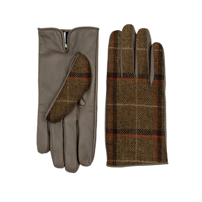 Mens leather gloves featuring a soft grey leather exterior and a Holland & Sherry wool top with a classic plaid pattern.