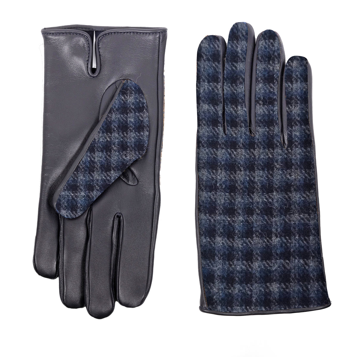 Mens black leather gloves featuring a Holland & Sherry superfine wool top in a classic check pattern, showcasing Italian elegance.