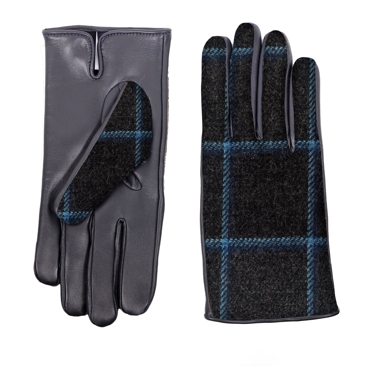 Mens black leather gloves featuring a Holland & Sherry plaid wool top, showcasing elegant Italian craftsmanship and premium materials.