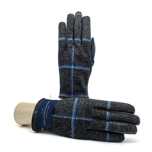Mens leather gloves featuring a Holland & Sherry superfine wool top in a grey and blue plaid pattern, showcasing Italian craftsmanship.