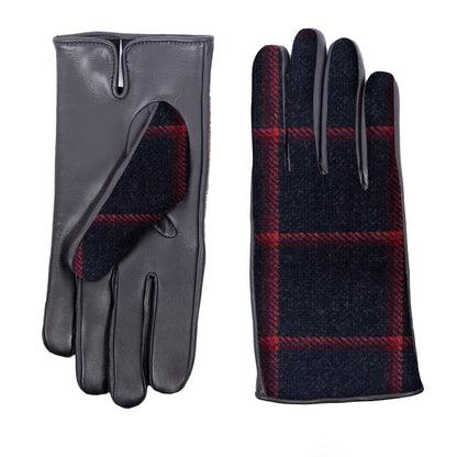 Mens black leather gloves featuring a Holland & Sherry superfine wool top with a classic plaid pattern.
