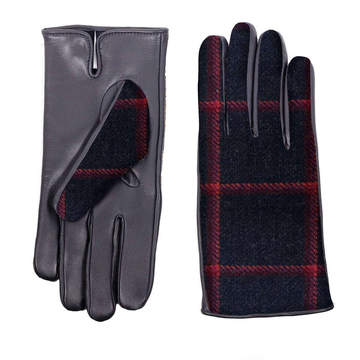 Mens black leather gloves featuring a Holland & Sherry superfine wool top with a classic plaid pattern.