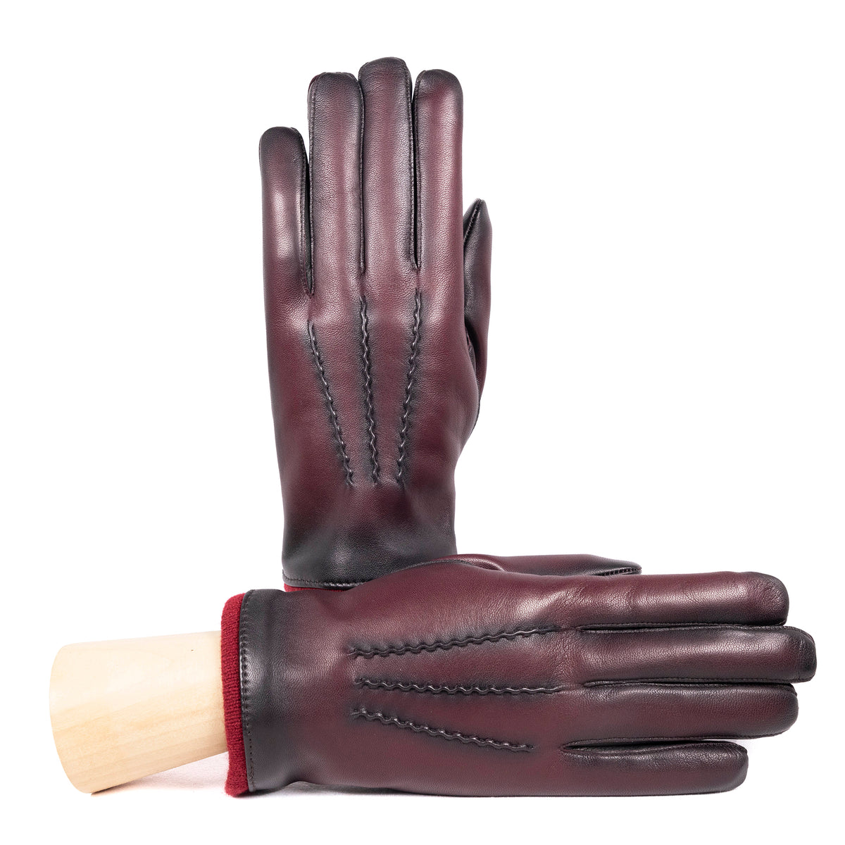 Men's vintage style leather gloves in deep burgundy, featuring elegant stitching and a soft cashmere lining for warmth.