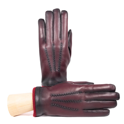 Men's vintage style leather gloves in deep burgundy, featuring elegant stitching and a soft cashmere lining for warmth.
