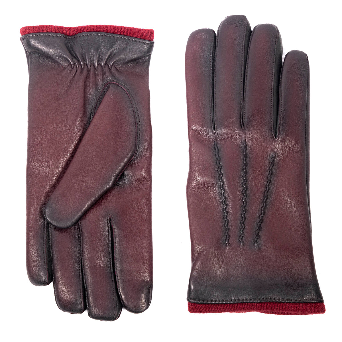 Men's vintage style leather gloves in deep burgundy, featuring a snug fit and elegant stitching, showcasing Italian craftsmanship.