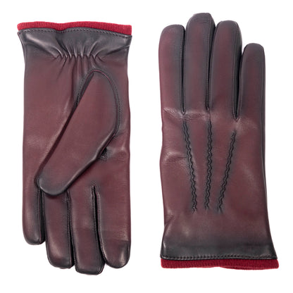 Men's vintage style leather gloves in deep burgundy, featuring a snug fit and elegant stitching, showcasing Italian craftsmanship.