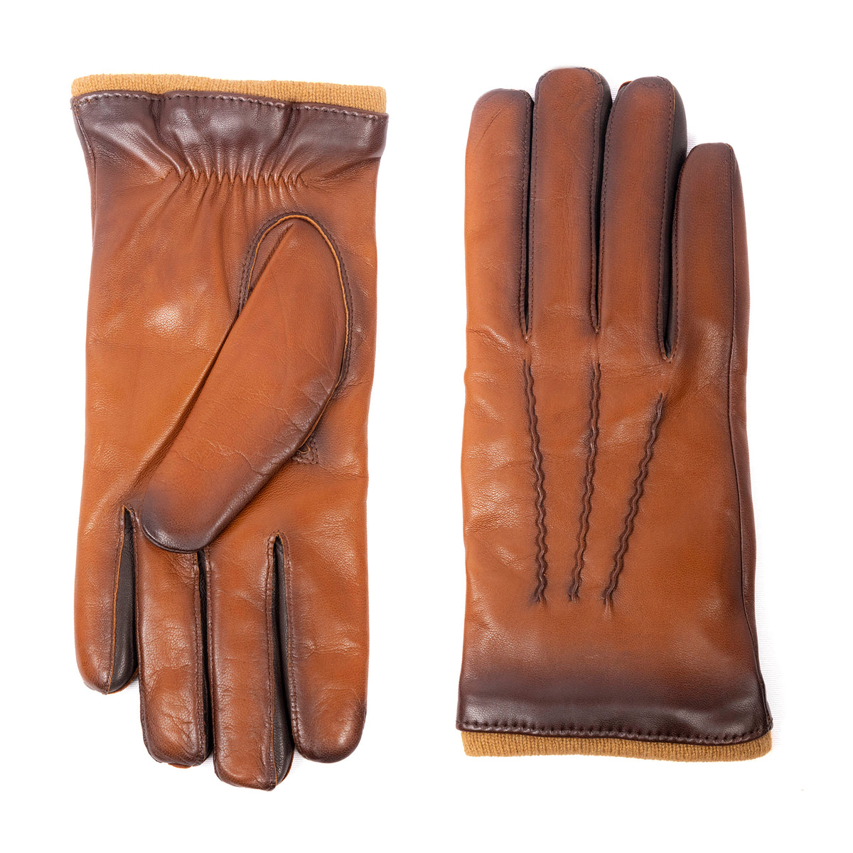 Men's vintage style leather gloves featuring rich brown hues and a soft cashmere lining for warmth and elegance.