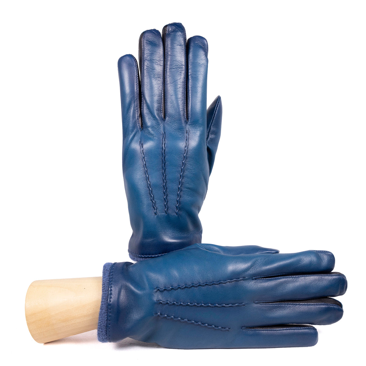 Men's vintage style leather gloves in deep blue, showcasing fine stitching and luxurious Italian craftsmanship.