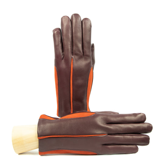 Men's brown nappa leather gloves featuring vibrant orange suede inserts, showcasing elegant Italian craftsmanship and style.
