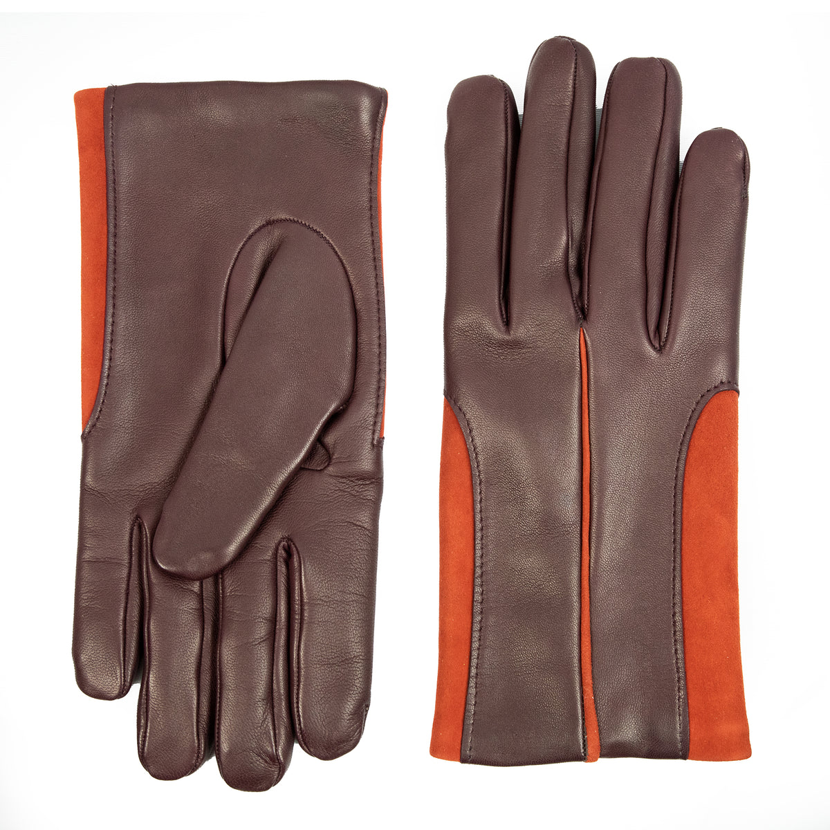 Men's dark brown nappa leather gloves featuring vibrant orange suede inserts for a stylish, elegant look.