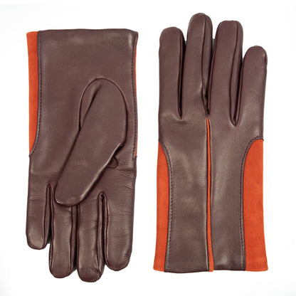 Men's dark brown nappa leather gloves featuring vibrant orange suede inserts for a stylish, elegant look.