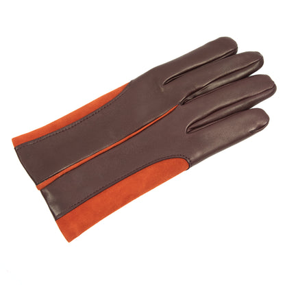 Men's nappa leather gloves featuring rich brown and vibrant orange suede inserts, showcasing elegant Italian craftsmanship.