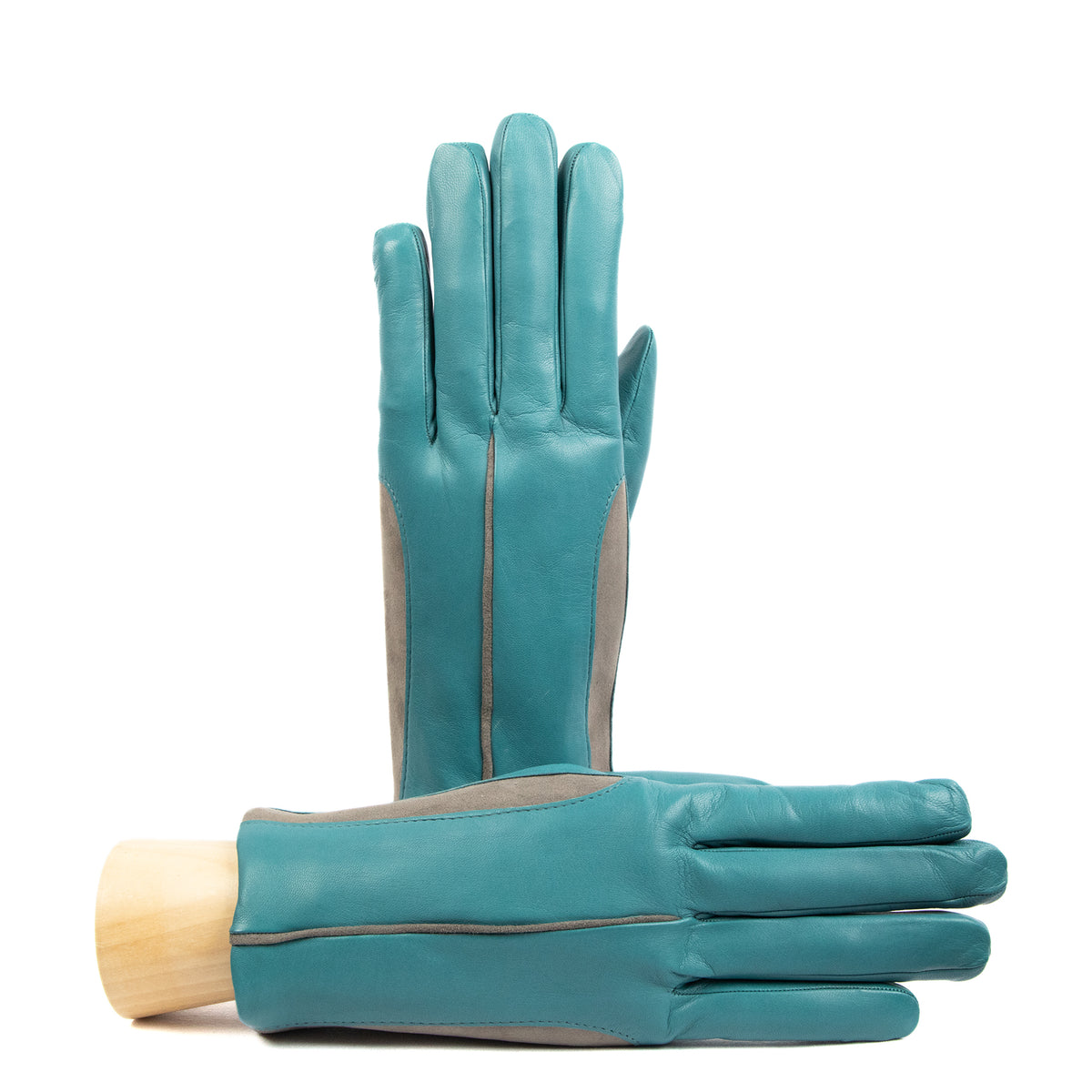 Men's turquoise nappa leather gloves featuring elastic suede inserts for a stylish, comfortable fit.