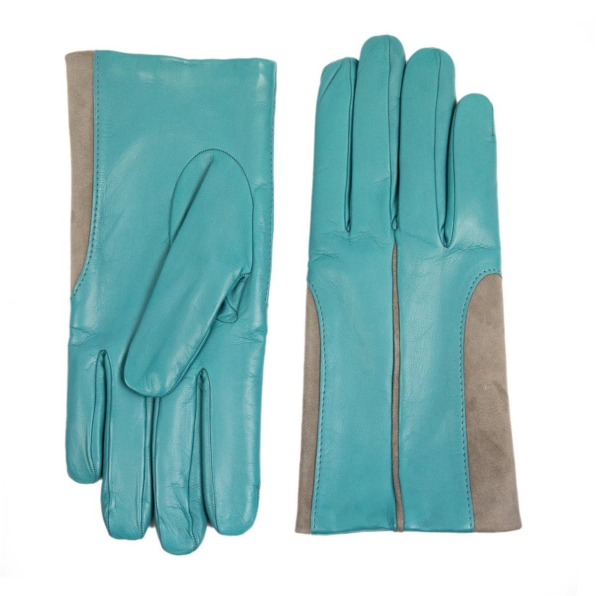 Men's turquoise nappa leather gloves with elastic suede inserts, showcasing a blend of elegance and Italian craftsmanship.