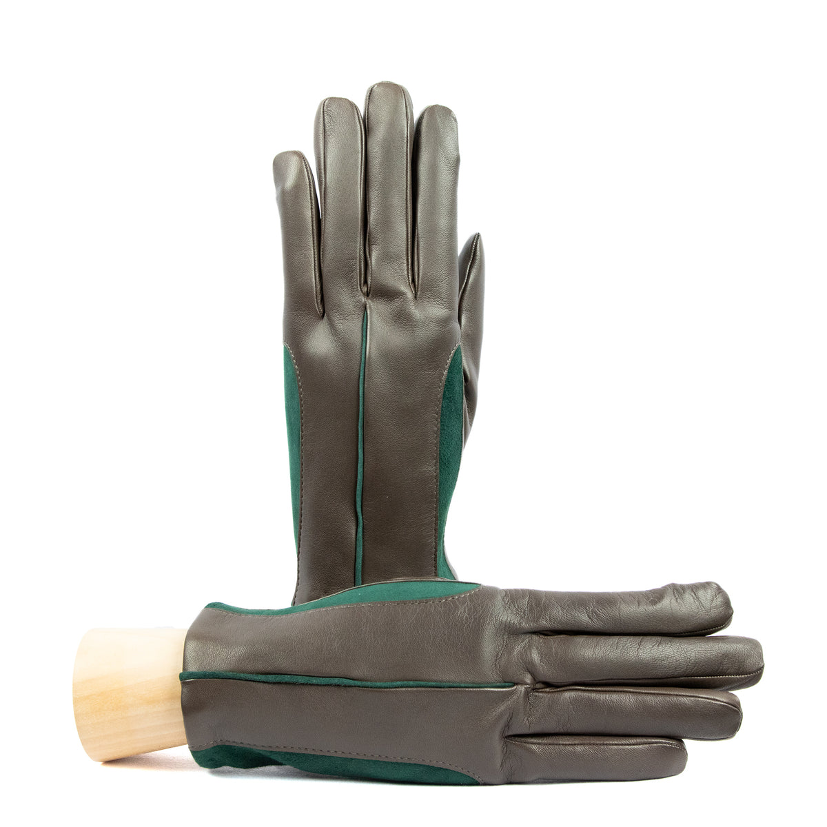 Men's brown nappa leather gloves featuring elastic green suede inserts, showcasing elegant Italian craftsmanship and design.