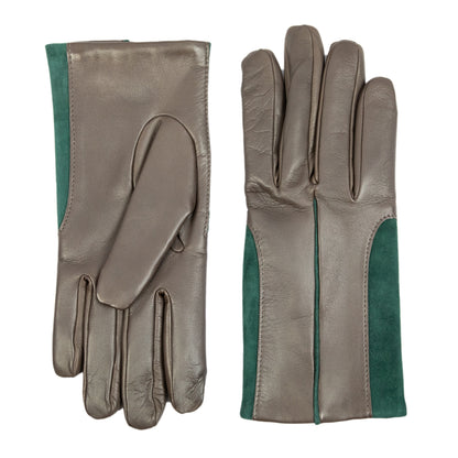 Men's nappa leather gloves in taupe with elastic green suede inserts, showcasing elegant Italian design and craftsmanship.