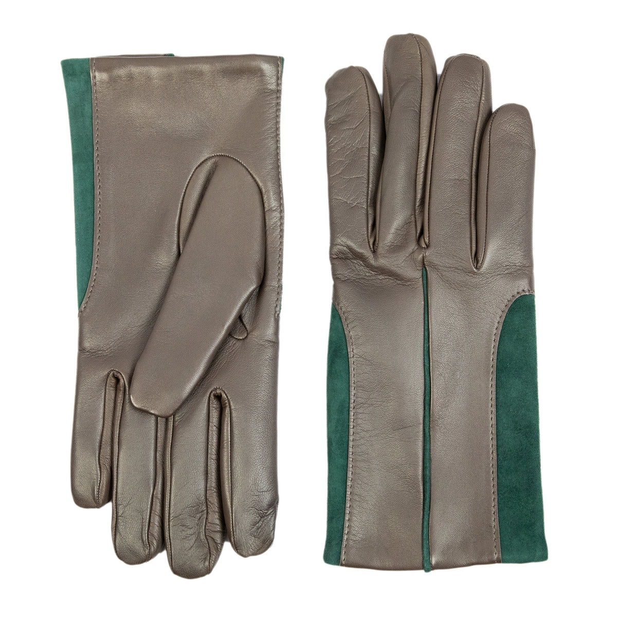 Men's nappa leather gloves in taupe with elastic green suede inserts, showcasing elegant Italian design and craftsmanship.