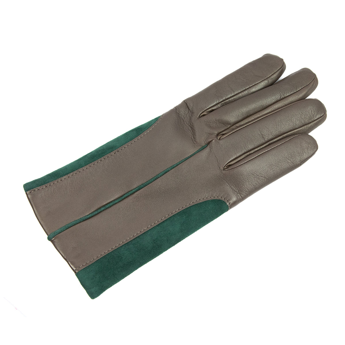 Men's nappa leather gloves featuring elegant green suede inserts, showcasing Italian craftsmanship and refined design.