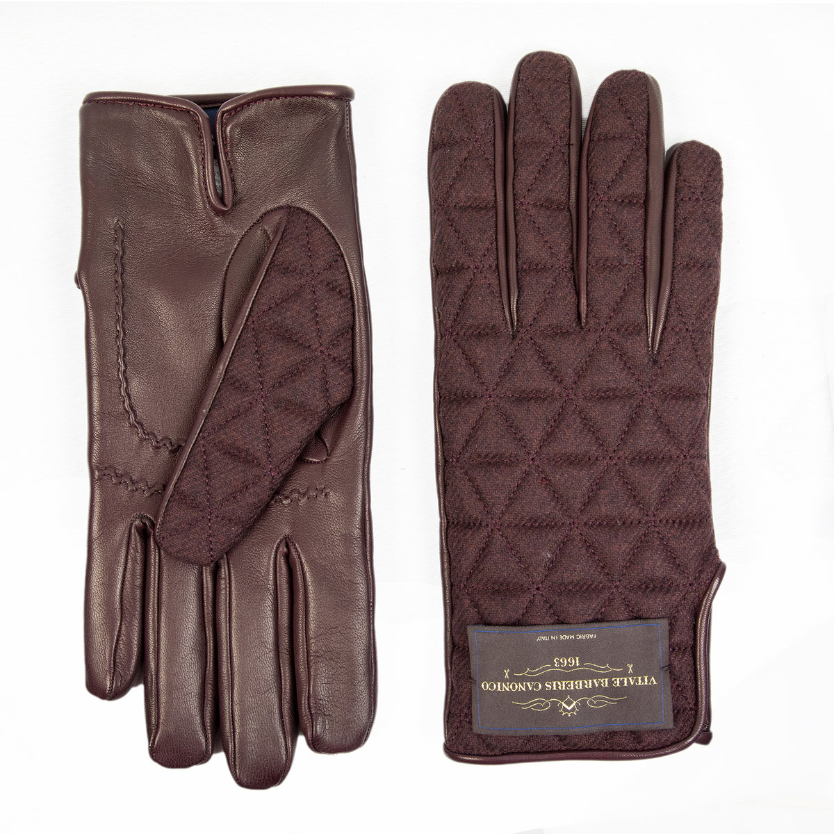 Brown quilted fabric and nappa leather gloves showcasing Italian craftsmanship and elegant design.
