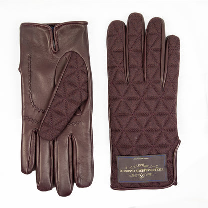 Brown quilted fabric and nappa leather gloves showcasing Italian craftsmanship and elegant design.