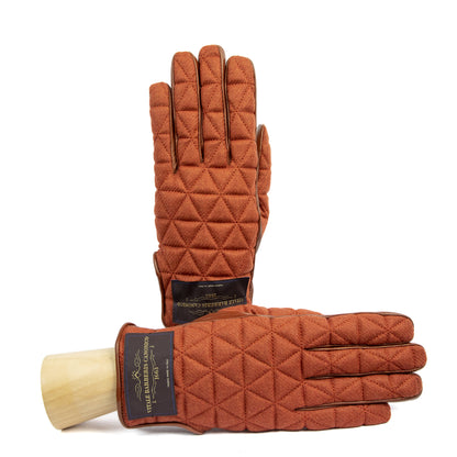 Quilted camel color fabric gloves with nappa leather accents, showcasing Italian craftsmanship and elegant design.