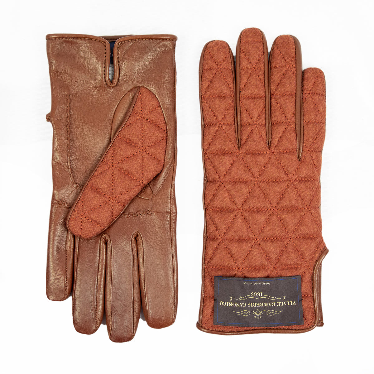 Quilted fabric and nappa leather gloves in warm cognac, showcasing Italian craftsmanship and elegant design details.