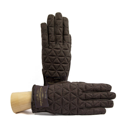 Quilted dark brown Vitale Barberis Canonico fabric gloves with nappa leather detailing, shocasing refined italian design.