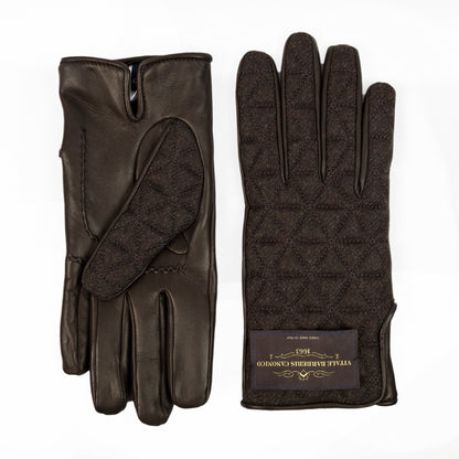 Quilted dark brown fabric and nappa leather gloves showcasing Italian craftsmanship and elegant design.
