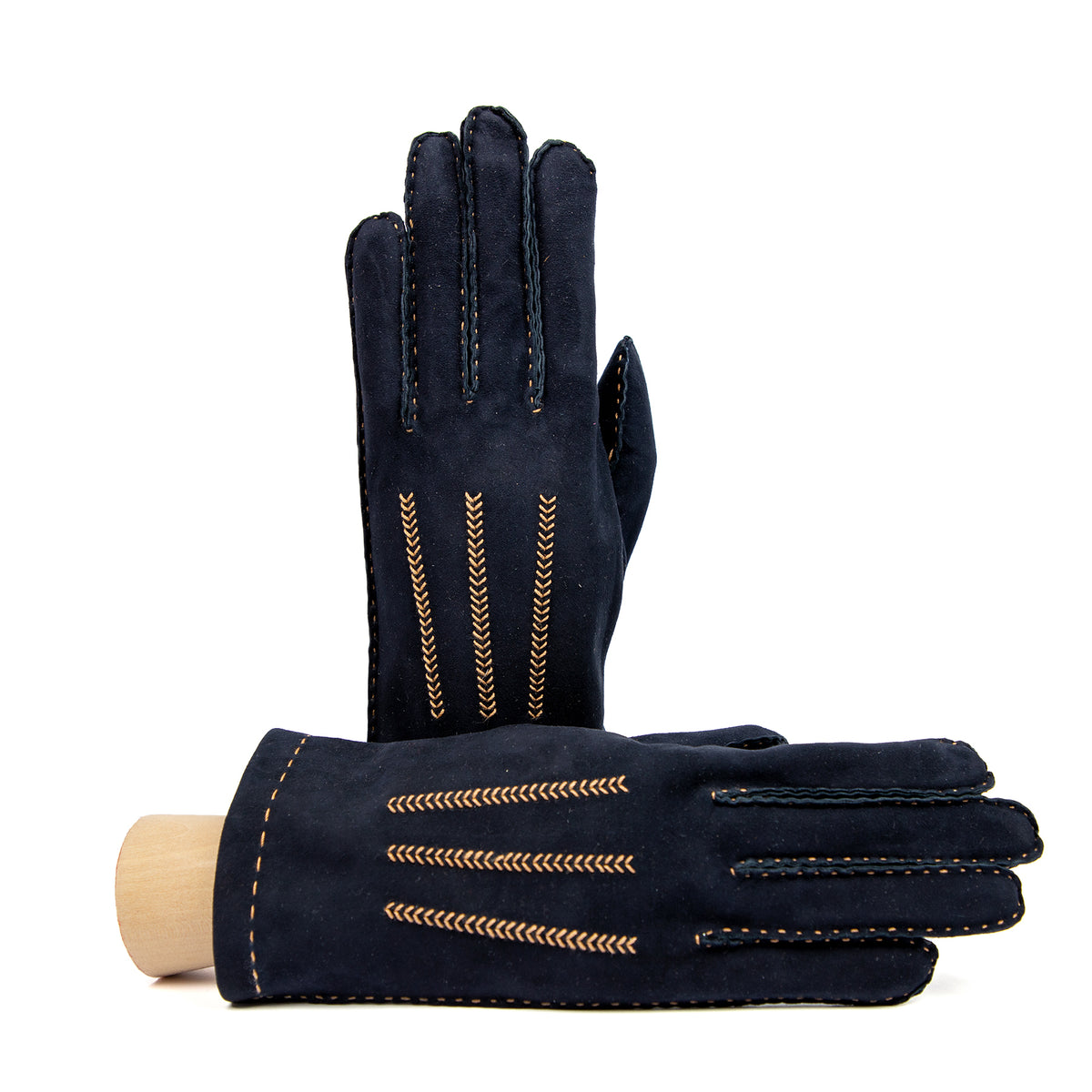 Navy suede leather gloves featuring intricate hand-stitched detailing and a refined design, showcasing Italian craftsmanship.