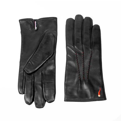 Men's black nappa leather gloves "Curniciello" with 3 red points on top and cashmere lining
