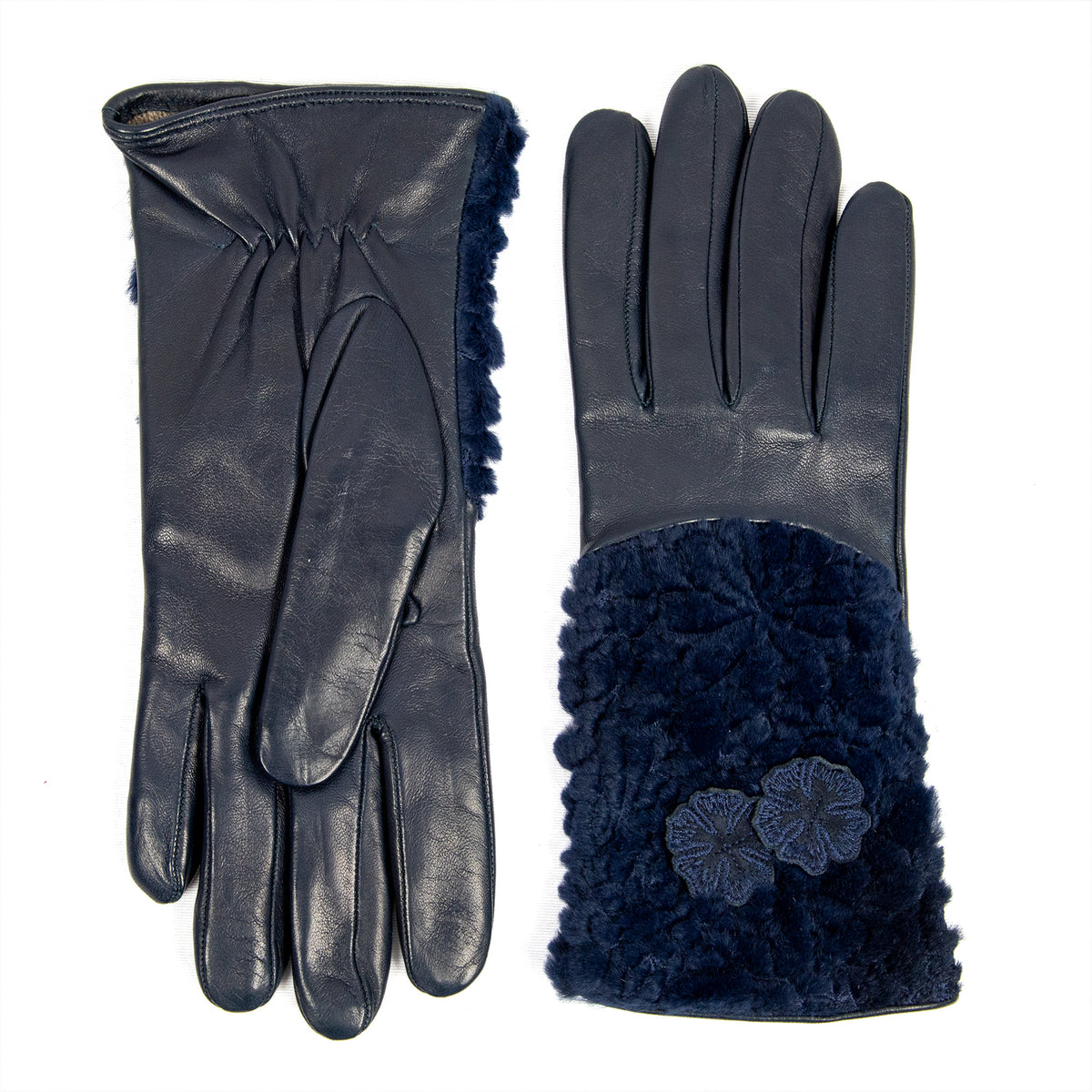 Women's blue nappa leather gloves with floral embroidered fur on top