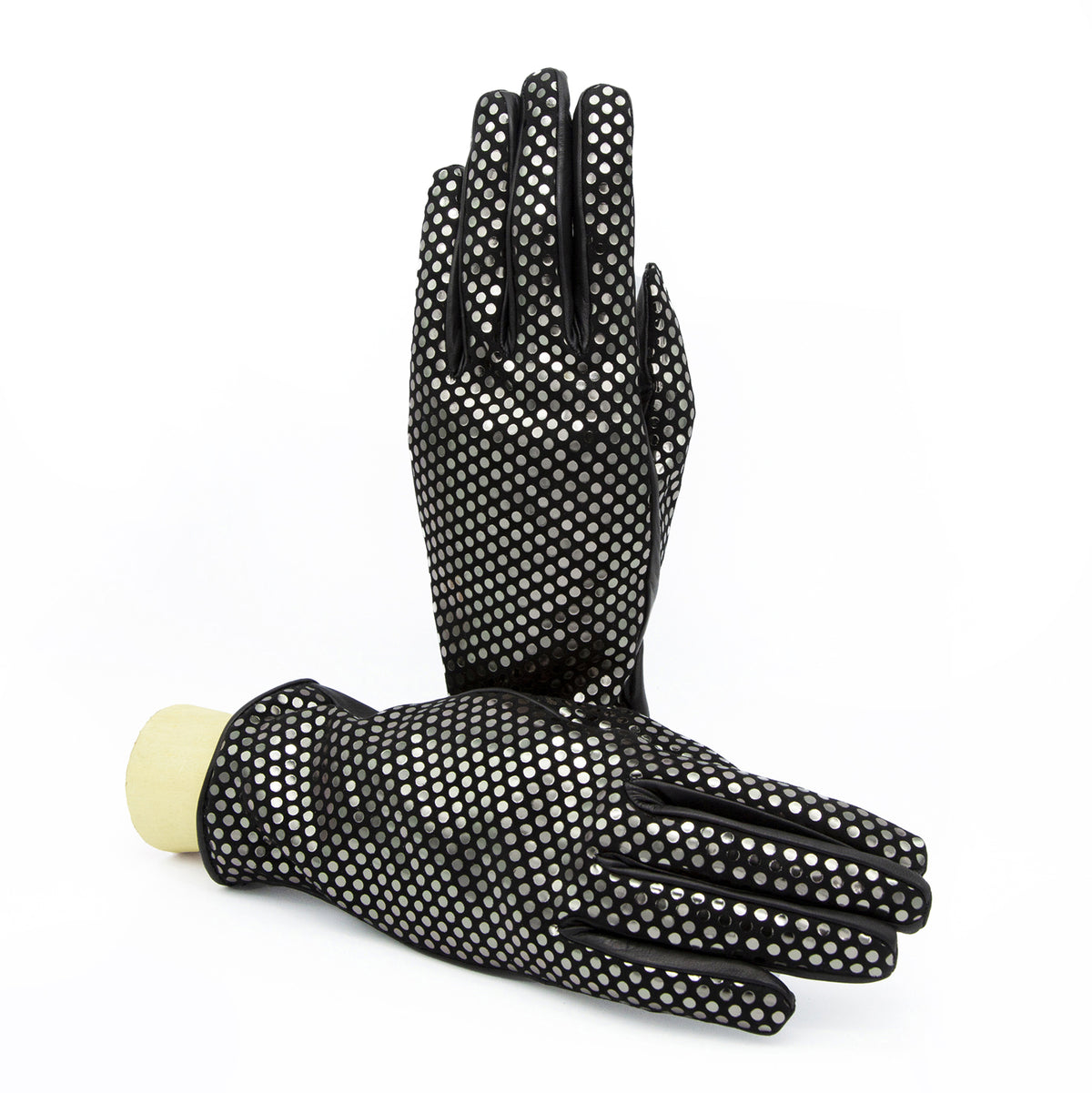 Women's black nappa leather gloves with a polka dot suede back