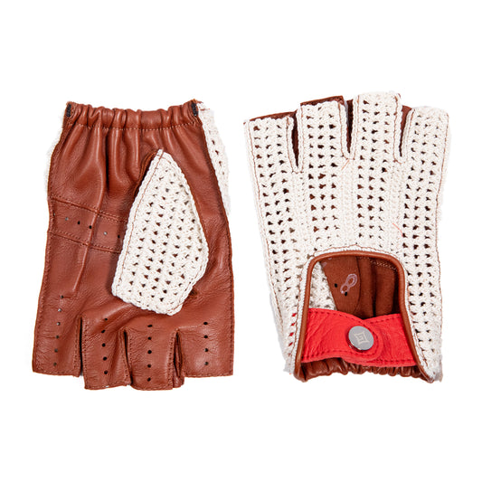 Men's half fingers cognac leather driving gloves with crochet top and red deerskin flap