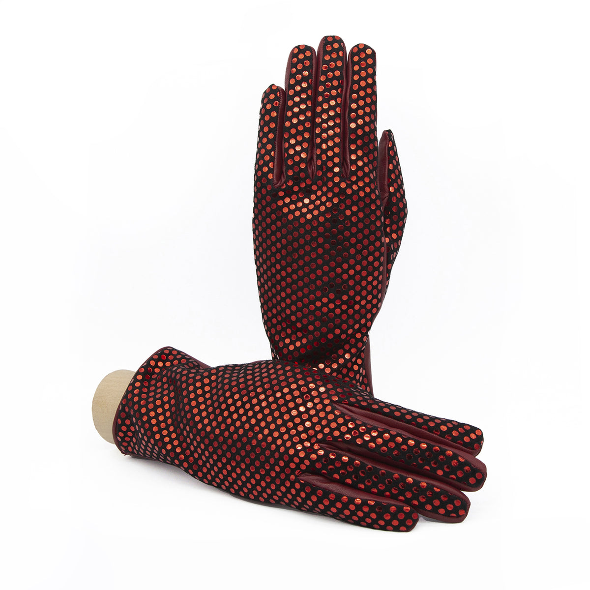 Women's bordeaux nappa leather gloves with a polka dot suede back