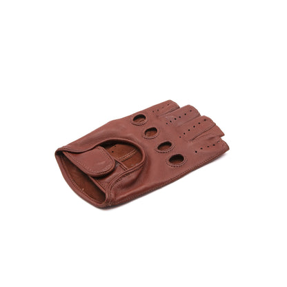 Men's cognac leather half fingers driving gloves with strap closure
