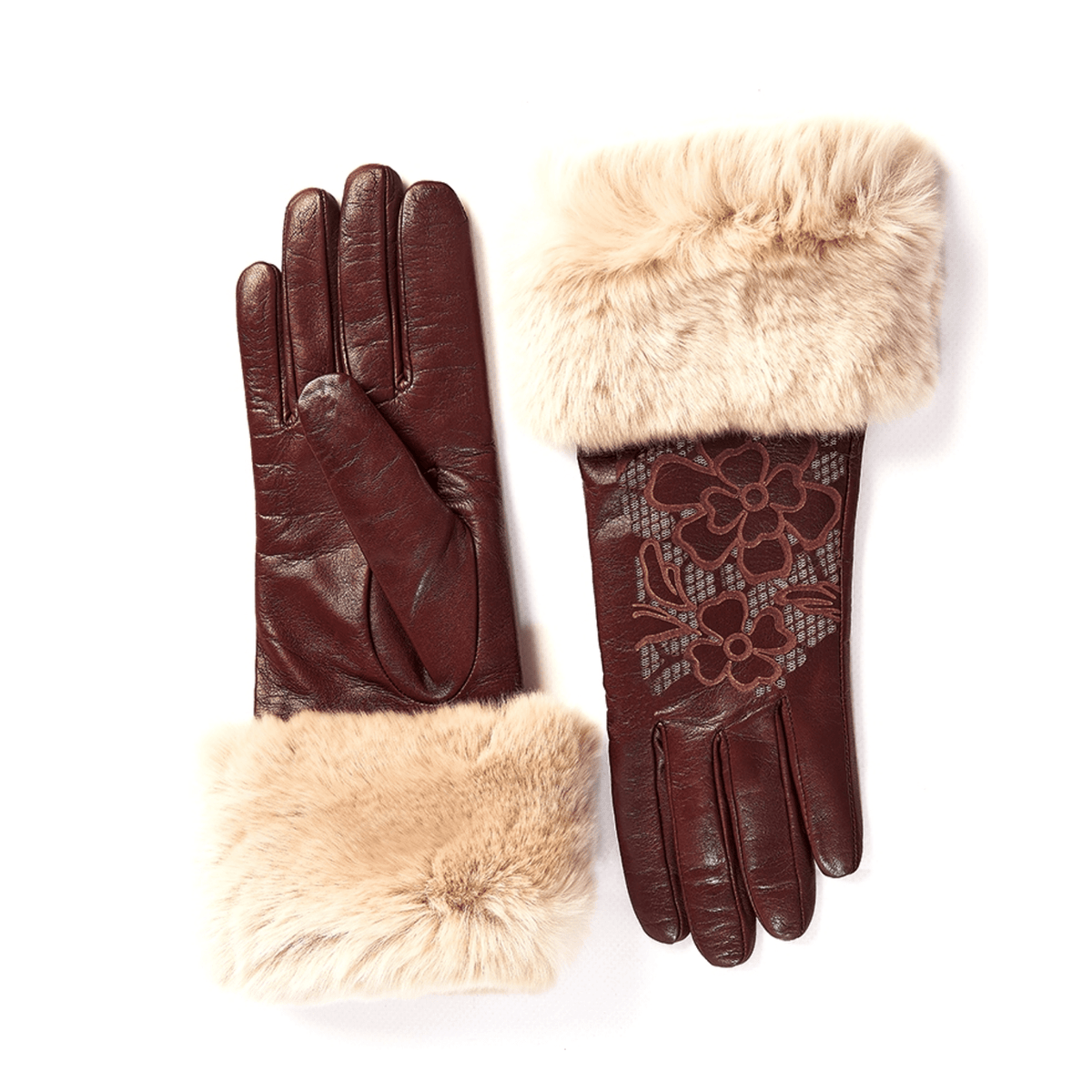 Women's cashmere lined bordeaux sheepleather gloves with flower laser cut details on top and real fur cuff