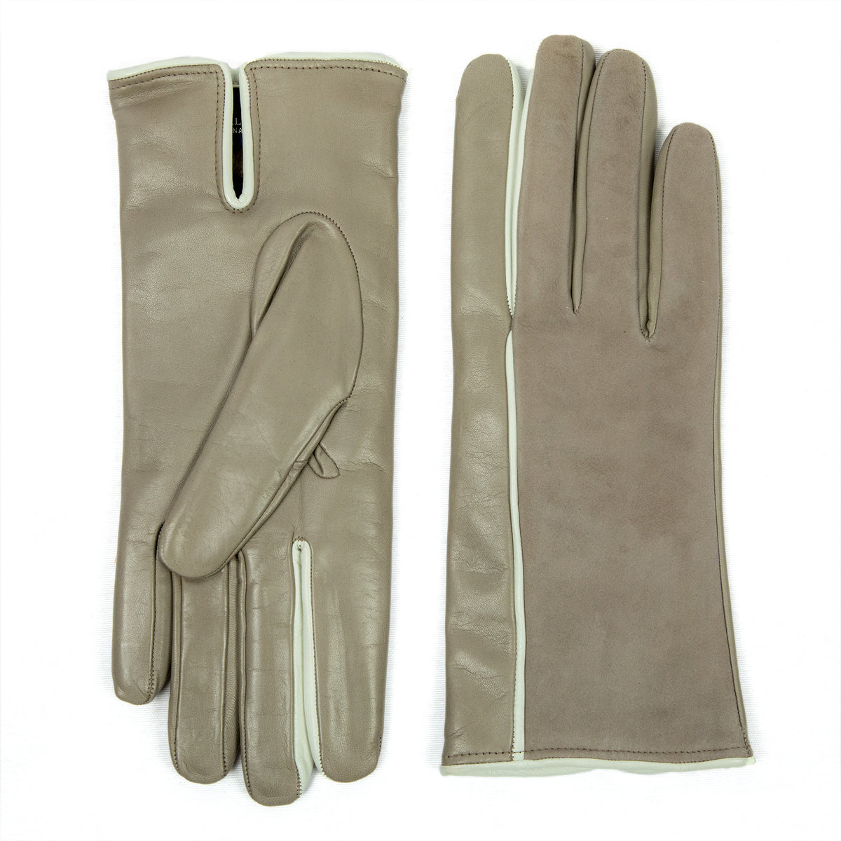 Women's taupe nappa and suede leather gloves and cashmere lining