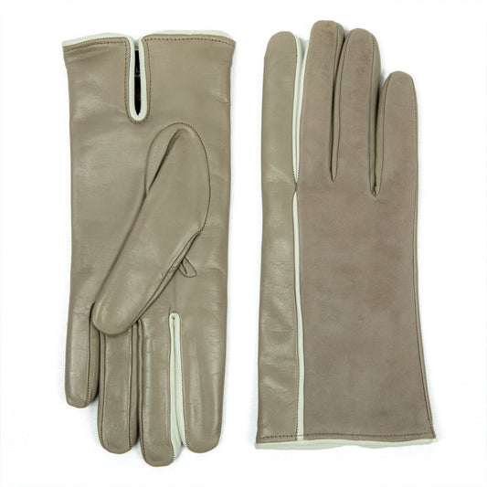 Women's taupe nappa and suede leather gloves and cashmere lining