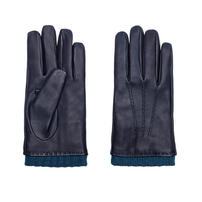 Men's metal blue free nappa leather gloves with natural rib cuff and cashmere lining