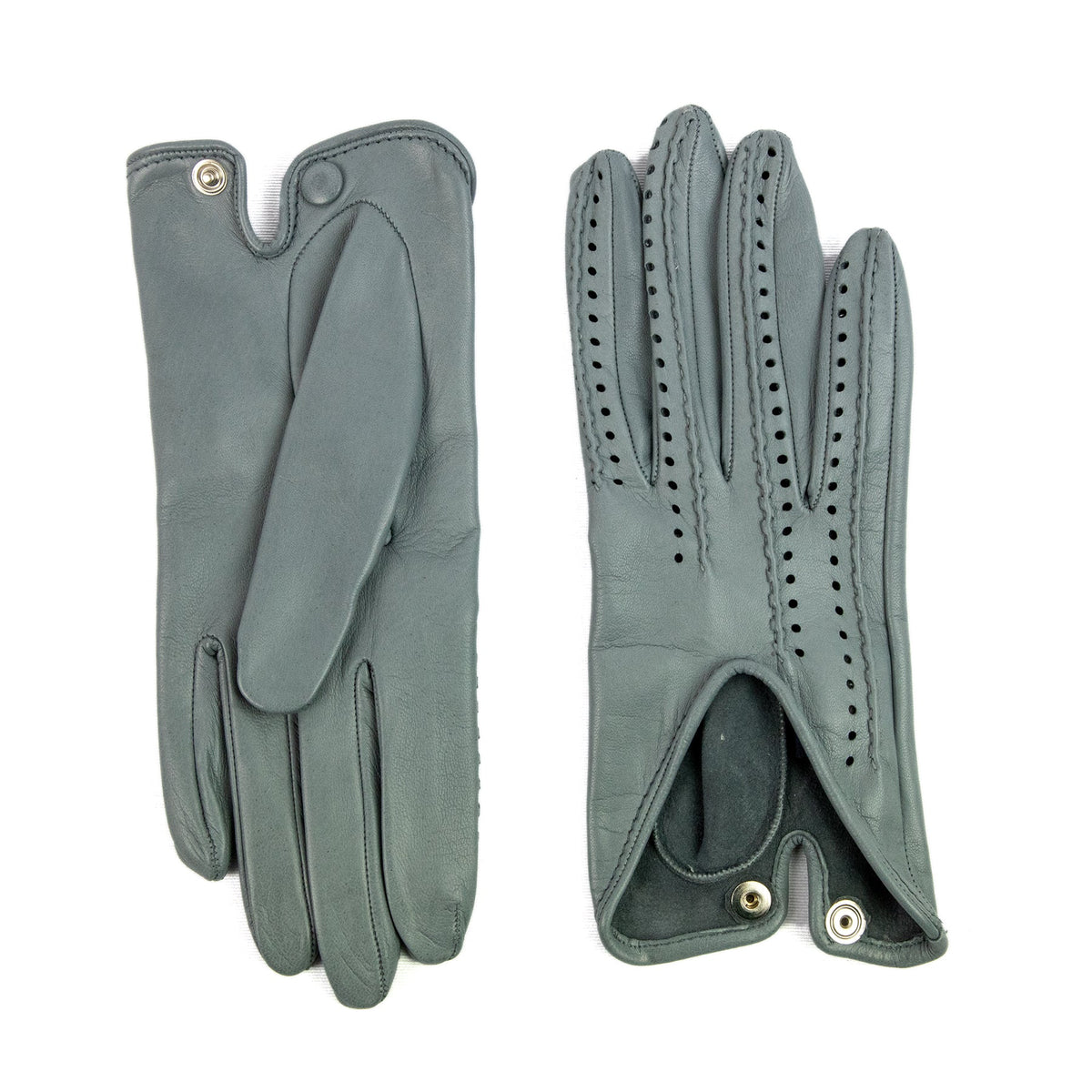 Women's grey nappa leather driving gloves with points on fingers and unlined